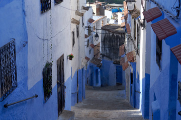 Blue street in old medina of the Chefchaouen town in Morocco.