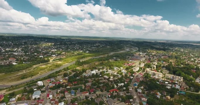 Panoramic Aerial drone view of small town