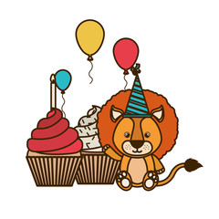 cute lion with cake of happy birthday
