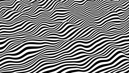 Black and white hallucination. Optical illusion. Twisted illustration. Abstract futuristic background of stripes. Dynamic wave. Vector.