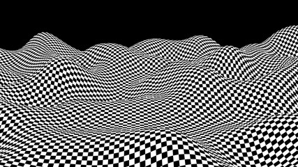 Black and white hallucination. Optical illusion. Twisted illustration. Abstract futuristic background of squares. Dynamic wave. Vector.