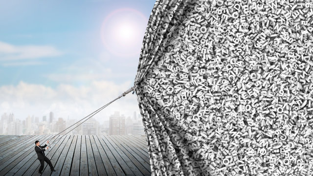 Businessman pulling open gray big data curtain of huge amount letters and numbers texture to cover sunlight sky cityscape background.