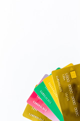 business with credit cards on office desk white background top view mockup