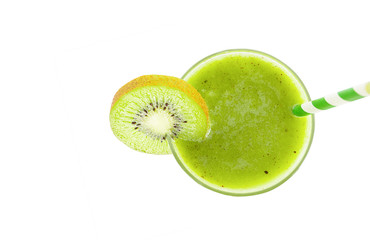 Kiwi smoothies green fruit juice milkshake blend beverage healthy high protein the taste yummy In glass drink episode for weight loss isolated white background from the top view. 