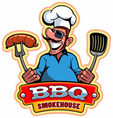 A cartoon smiled mustached cook chef character holding a grilled meat, vector cartoon character.