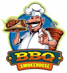A cartoon smiled mustached cook chef character holding a kebab and grilled meat and doing a perfect gesture, vector cartoon character.