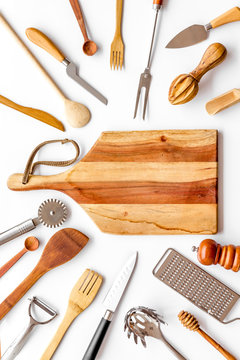 Chef Work Space With Cookware On White Background Top View Mock Up