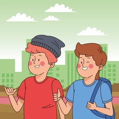 Teenagers friends smiling and greeting