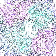 Vector sea doodle illustrations. Colorful seamless pattern with a cute octopus character