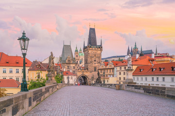 Famous iconic image of Charles bridge and Praguecity skyline