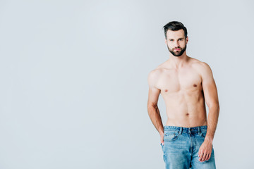 shirtless handsome man in jeans posing isolated on grey with copy space