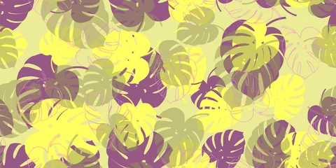 Foto op Plexiglas anti-reflex Colored tropical foliage mostera seamless vector pattern background. Exotic wallpaper © LuxMockup