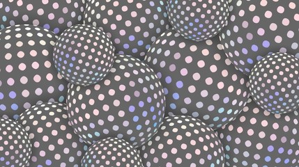 Creative dotted spheres 3d illustration. Wallpaper trend. Pastel pink blue mosaic on gray balls.