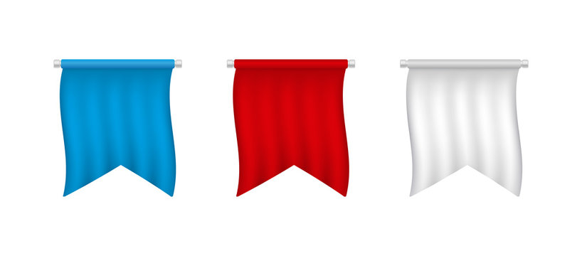 Realistic white, red, blue blank pennant set.