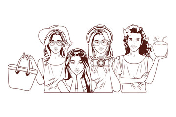 Pop art beautiful women smiling cartoons in black and white