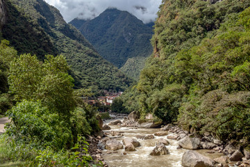 Fototapeta na wymiar Aguas Calientes town in the Urubamba River Valley, in southeast Peru