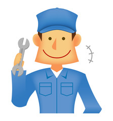 若い作業着を着た日本人 /上半身 (作業員・配達員）/　スパナ（レンチ）を持つ作業スタッフ