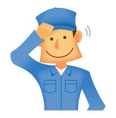 若い作業着を着た日本人 /上半身 (作業員・配達員）/ 帽子に手を当て挨拶する作業スタッフ