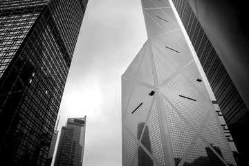 Fototapeta premium Business buildings in Hong Kong; Low Angle View; Black and White style