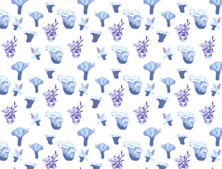Hand drawn seamless pattern. Blue murshrooms and white floral on a white background for printing, fabric, textile, manufacturing. Blue colorful illustration, alien life. Floral and fauna
