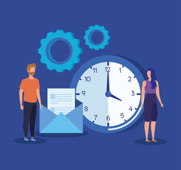 man and woman teamwork with gears and letter information