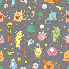 Seamless halloween pattern with cute cartoon monsters on dark background. Doodle style.Vector contour image.