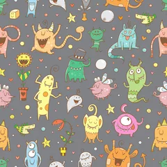 Aluminium Prints Monsters Seamless halloween pattern with cute cartoon monsters on dark background. Doodle style.Vector contour image.
