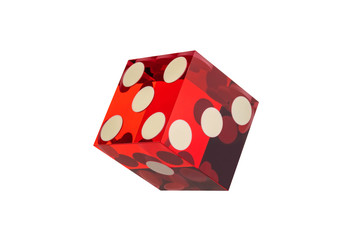 Close-up of one red dice with faces of five, three, one. Professional cube isolated on a white background without a shadow.