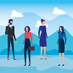 businessman and businesswomen with elegant clothes and suitcase