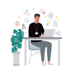 机に向かってパソコンをする男性　イラスト　アイコン