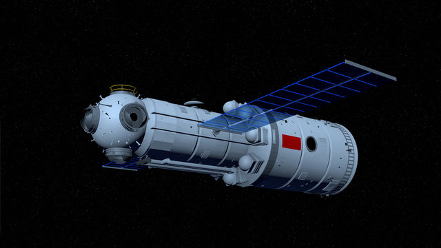 TIANHE core module of the TIANGONG 3 - Chinese space station flying on black space with stars background. 3D Illustration