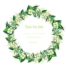 Greeting card template with jasmine. Can be used as wedding invitation, postcard, for birthday and other holidays, as summer backdrop.