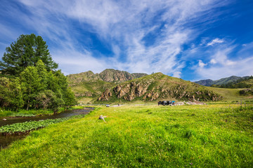 Fototapeta na wymiar Mountain landscape with river and road. Altai Republic, Russia