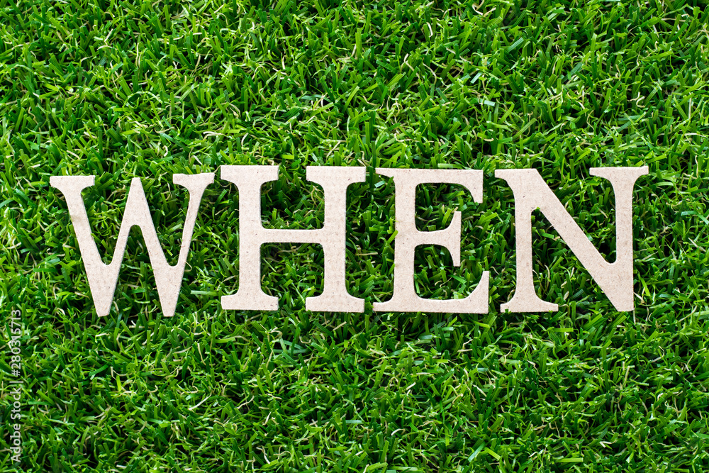 Wall mural Wood letter in word when on artificial green grass background