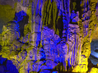 shot of stalactites in sung sot cave at halong bay