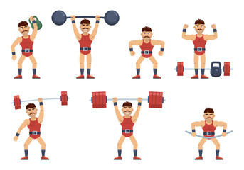 Set of circus strongman characters working out at the gym. Cheerful wrestler lifting kettlebell, barbell, dumbbells. Training session, weight lifting. Flat style vector illustration - obrazy, fototapety, plakaty