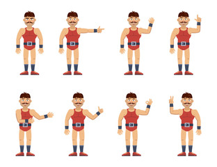 Set of circus strongman characters showing different hand gestures. Cheerful wrestler showing thumb up gesture, greeting, waving, pointing up and other hand gestures. Flat style vector illustration