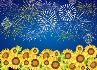 向日葵畑と打ち上げ花火
