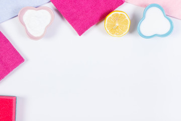 Domestic accessories and natural, nontoxic detergents using for cleaning on white background, place for text