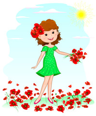 Joyful young girl with red poppies flowers. Happy young girl gathers flowers red poppies. A girl in a green dress is standing on a glade with red poppies. Joyful young girl with a bouquet of red poppi