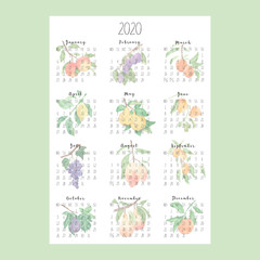 Vertical calendar 2020 with watercolor fruits on white background, A4 format. Week begins from Monday. Perfect for banner, poster, card and printable