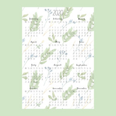 Vertical calendar 2020 with watercolor wildflowers on white background, A4 format. Week begins from Monday. Perfect for banner, poster, card and printable