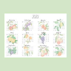 Horizontal calendar 2020 with watercolor fruits on white background, A4 format. Week begins from Monday. Perfect for banner, poster, card and printable