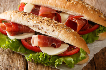 Delicious Italian sandwiches with prosciutto ham, mozzarella cheese and vegetables close-up. horizontal