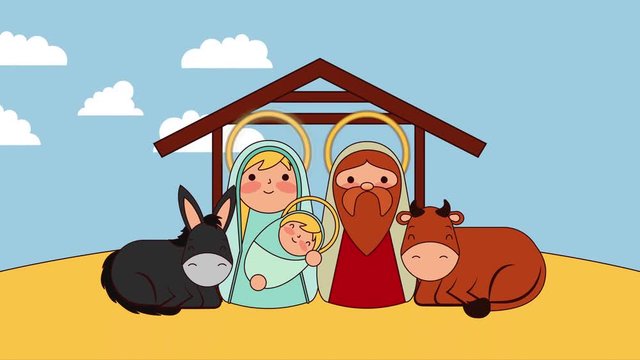 cute holy family in stable with animals manger characters