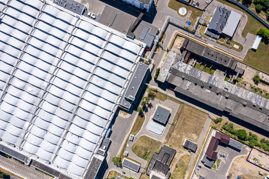 roof of industrial distribution warehouse from above. drone photography