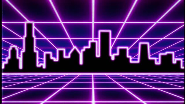 Animated 1980s City Skyline 8 Bit Graphic Video Game Concept with Degraded VHS Look