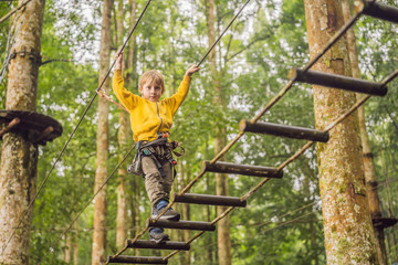 Little boy in a rope park. Active physical recreation of the child in the fresh air in the park. Training for children