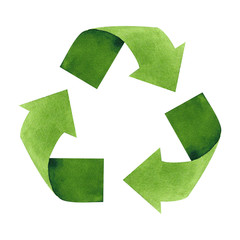 Watercolor recycling sign isolated on white background. Hand drawn reuse symbol for ecological design. Zero waste lifestyle.  - 280319586