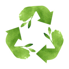 Watercolor recycling sign isolated on white background. Hand drawn reuse symbol for ecological design. Zero waste lifestyle.  - 280319589